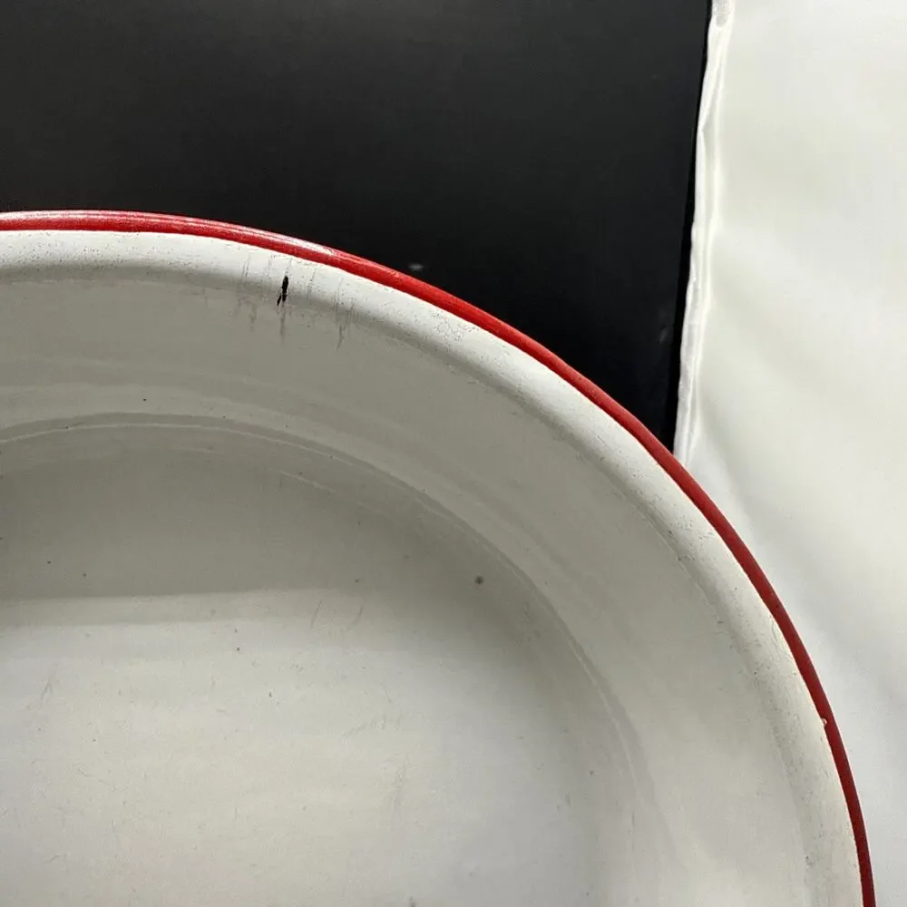 Vintage White Red Rim Enamelware Dinner Plate Farmhouse Camp Rustic 9.25 Inches